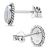 Medium Oval Rainbow Moonstone Stud Silver Earrings, e335